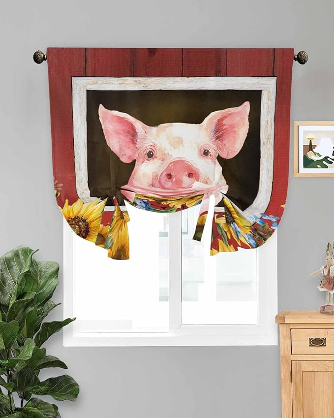Tie Up Curtains for Windows, Pigs Sunflowers Adjustable Balloon Nature Linen Textured Kitchen Curtain, Farmhouse Red Barn Flowers Animals Tie Up Light Filtering Curtains for Decor, 34 x 45 in
