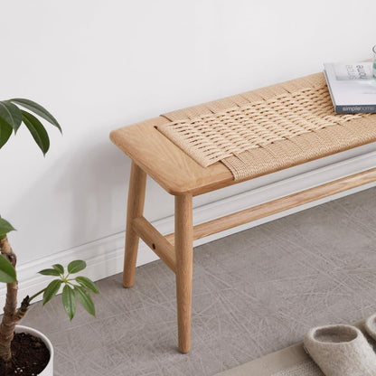 Wood Dining Bench with Hand Woven Rattan Seat, Farmhouse Entryway Bench for Bedroom, Kitchen, Living Room (Oak+Wood)