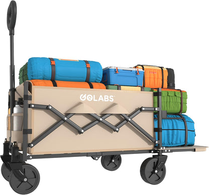 Golabs Collapsible Wagon Cart Max 350lb Load & Expandable Storage 100L, Double Bearing Design for Flexible Steering, Foldable Heavy Duty Garden Cart with 2 Cup Holders for Groceries, Garden & Camping