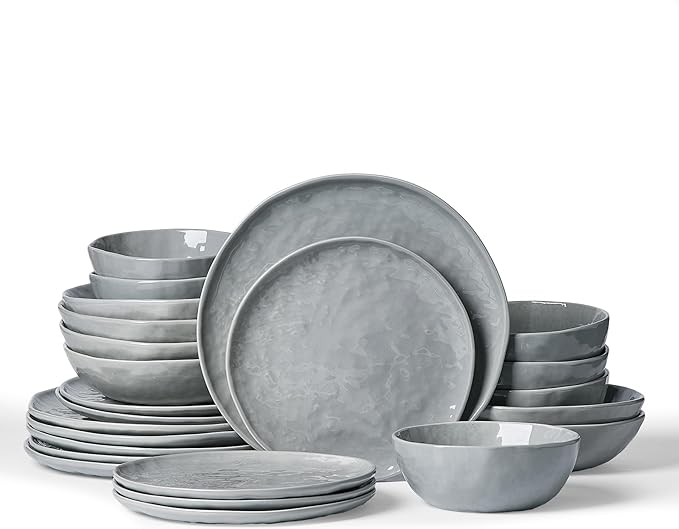 Famiware Porcelain kitchen plates and bowls set, Modern dishes set for 6, Handmade Wave Edge Dinnerware Sets, Microwave and Dishwasher Safe Tableware, Sleek Grey (24pc)