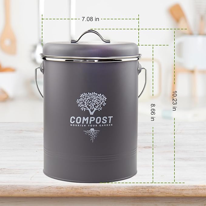 Kitchen Countertop Compost Bin, Odor Resistant Indoor Compost Bin with Lid and Charcoal Filter, Rust Resistant Coated Compost Bucket, Compost Container, Gray