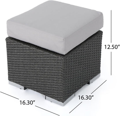 Hassyee PE Rattan Grey Patio Ottoman with Thick Cushions for Poolside, Lawn, Outdoor Square Foot Stool with Iron Frame for Living Room, Garden, Backyard, Classic Footrest