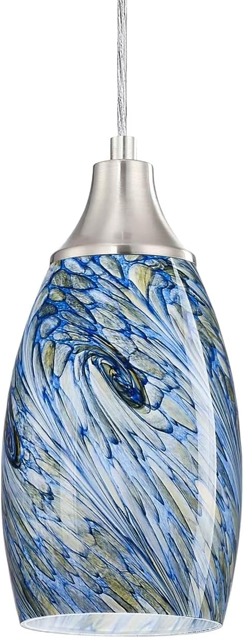 Mini Pendant Lights Kitchen Island White Blue Glass Lamp Shade Hand Blown Glass Pendant Light with Brush Nickel Finish Adjustable Cord for Kitchen Over Sink Hallway,Dining Room,Stairs Way