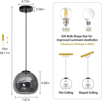 1-Light Mirror Smoke Gray Glass Pendant Lights Kitchen Island Black Hanging Light Fixture 7.87" Glass Globe Pendant Light Modern Pendant Lighting for Kitchen Island Bedroom Dining Room