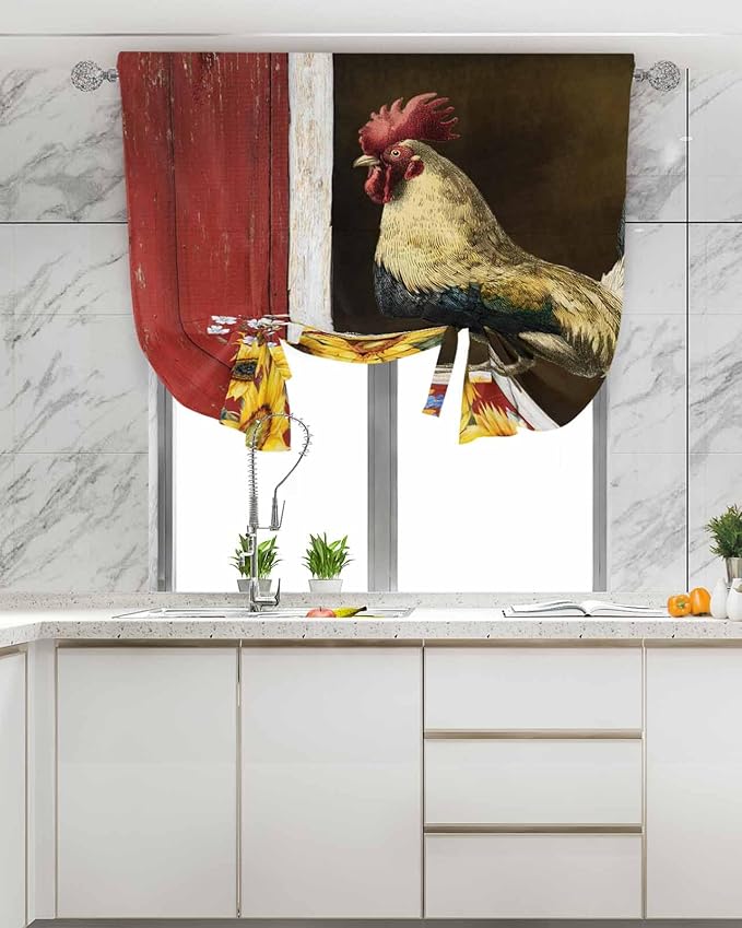 Tie Up Curtains for Windows, Chicken Sunflowers Adjustable Balloon Nature Linen Textured Kitchen Curtain, Farmhouse Animals Red Barn Bees Privacy Curtains Balloon Blind for Cafe, 42 x 63 Inches