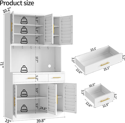 71" Tall Kitchen Pantry Cabinet, Metal Storage Cabinet, with 6 Doors & 6 Adjustable Shelves & 2 Drawer,Cupboard for Bathroom, Dinning Room, Kitchen, White