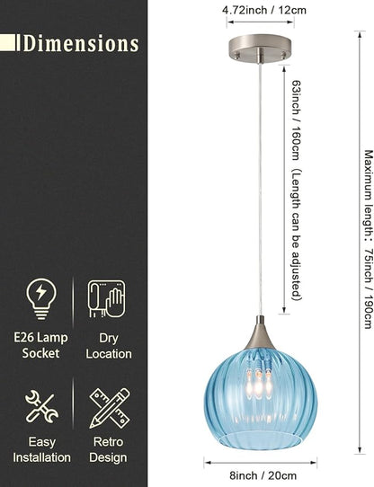 Brushed Nickel Pendant Lights Kitchen Island, Globe Pendant Light Fixtures with 8 Inch Clear Glass Shade, Modern Hanging Light Fixtures for Kitchen, Bedroom (1 Pack - Blue Glass Pendant Light)