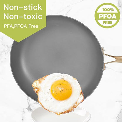 AUDANNE Nonstick Pots and Pans Set 9 Pieces, Non Stick Kitchen Cookware, Cooking Skillets Include Frying Pan with Lid, Saucepan, Casserole, Spoon, Turner Spatula, PFOA Free for Induction, White & Gold
