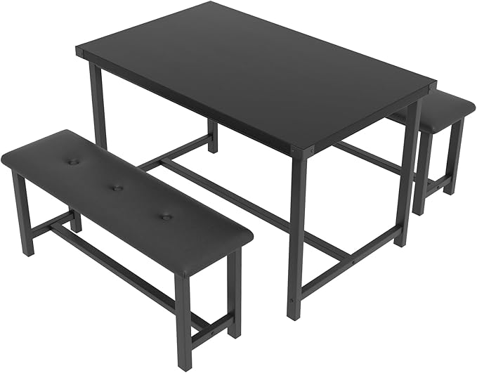 Dining Table Set for 4, Dining Room Table Set with 2 Upholstered Benches, Small Kitchen Table Set, 3 Piece Farmhouse Rectangular Dining Room Table Set, Space Saving Dining Table for Apartment
