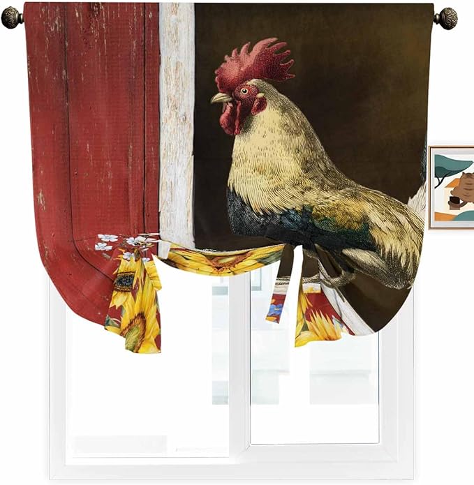 Tie Up Curtains for Windows, Chicken Sunflowers Adjustable Balloon Nature Linen Textured Kitchen Curtain, Farmhouse Animals Red Barn Bees Tie Up Blackout Curtains for Bedroom, 52 x 63 Inches