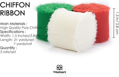 Vitalizart Christmas Handmade Chiffon Silk Ribbon Fringe 1.5" x 21 Yd Frayed Edges Ribbons for Wedding Invitations Bridal Bouquets Gifts Wrapping Crafts Holiday Decorations Red Green White