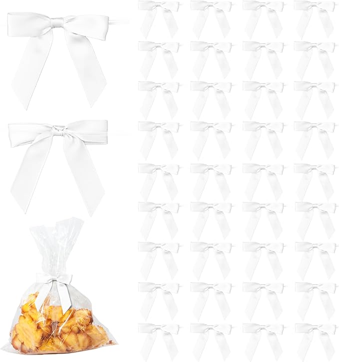 50Pcs White Twist Tie Bows for Gift Wrapping 2.5" Satin Ribbon Bow for Treat Bags Balloons Birthday Party Favors Wedding Decorations