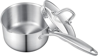 Leetaltree 1.5 Quart Stainless Steel Saucepan with Glass Strainer Lid, Thicken Tri-ply Ful Body, Multipurpose Sauce Pot with Two-Size Drainage Holes Lid, Perfect For Boiling Gravies, Pasta, Noodles