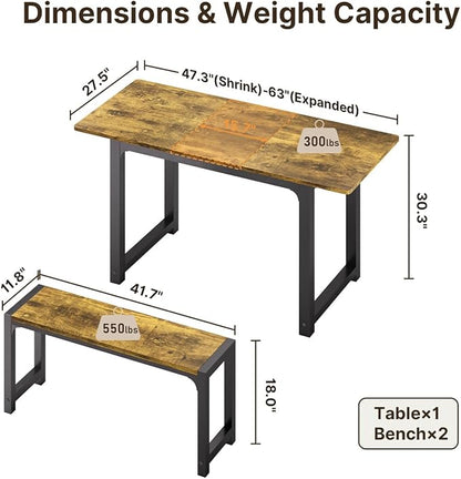 Gizoon 63” Kitchen Table Sets for 4 with 2 Benches Extendable Dining Table Set for 4 with Chairs Dining Room Table and Chairs for Kitchen Apartment Outdoor and Home Office, Rustic Brown