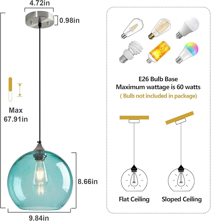 Light Blue Glass Pendant Lights Kitchen Island Globe Pendant Light Fixtures Modern Pendant Lighting for Bedroom Living Dining Room Light Fixture (9.84 in, 1 Pack)