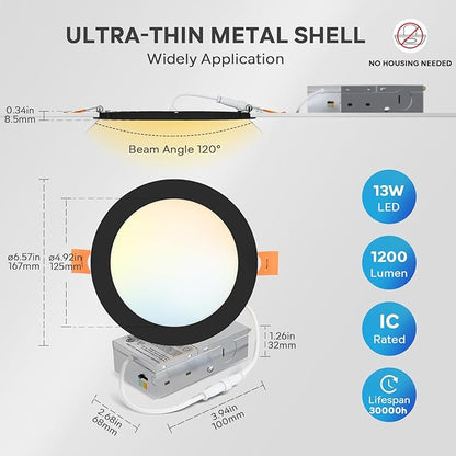 LVWIT 6 Pack 6 Inch LED Recessed Ceiling Light with Junction Box, 13W 5CCT Ultra-Thin Dimmable Can Lights, High Brightness, Canless Wafer Downlight for Kitchen Hallway Dining Room, ETL&FCC