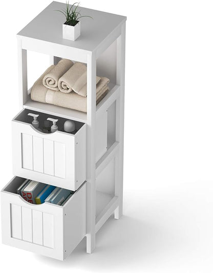 Tangkula Bathroom Floor Cabinet, Wooden Storage Cabinet w/2 Adjustable Drawers, Narrow Storage Floor Cabinet for Living Room Bathroom Office (White)