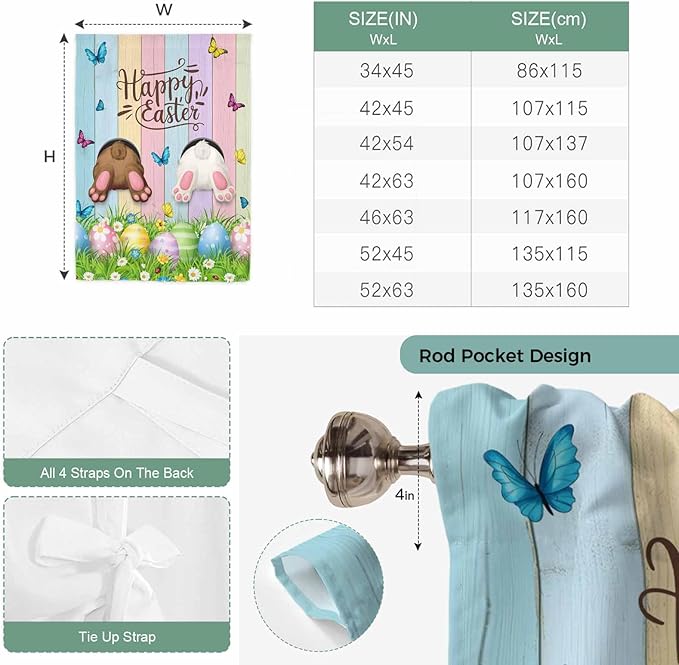 Tie Up Curtains,Happy Easter Rabbit Butt Egg on Daisy Leaf Adjustable Rod Pocket Window Shade Curtain Drape Bufferfly on Wood Barn Tie-Up Valance for Kitchen Bedroom Living Room Windows,42"x63"