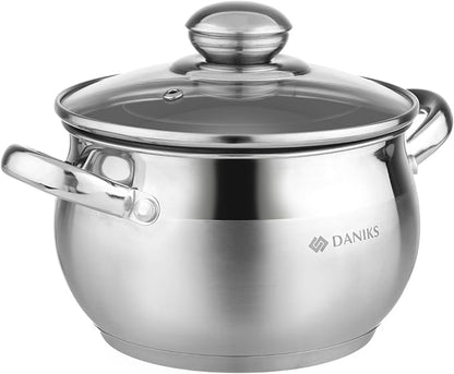 Daniks Classic Stainless Steel Stock Pot with Glass Lid – Induction 2 Quart, Dishwasher Safe, Measuring Scale, For Soup, Pasta, Stew, Silver