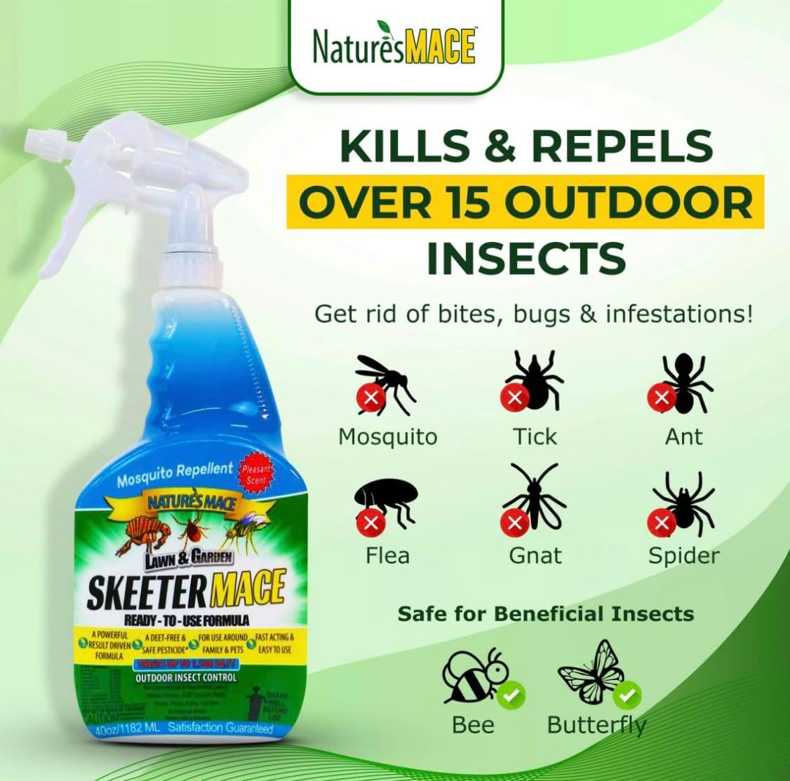 Nature’s MACE Outdoor Pest Repellent Spray – Kills & Repels Multiple Insect Types – Treats Lawns, Shrubs, and Patios – Safe for Family, Pets, and Plants – Essential Oil Formula with Fresh Scent – 40oz
