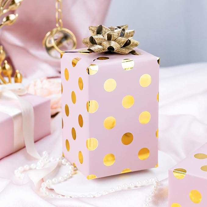 Burymento Pink and Gold Dots Wrapping Paper, Reversible Pink Gift Wrap for Birthday, Valentines, Mothers day, Graduation, Wedding, Fathers day, Baby Shower, Christmas (17in x 32.8ft)