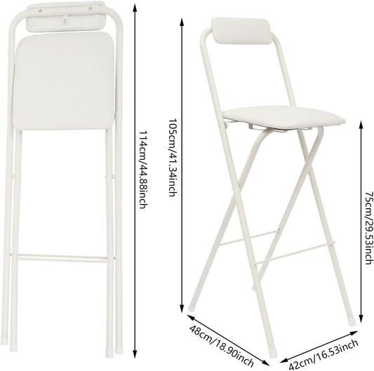2PCS Folding Bar Stool with Backrest, 29.53in Tall Folding Chair Counter Height Foldable Chairs Tall Bar Collapsible Stools for Kitchen, Shop, Cafe, Dining Room (White)