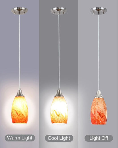 Art Glass Mini Pendant Lights Kitchen Island Marble Glass Pendant Light Shade with Brushed Nickel Finish Ceiling Hanging Lights for Kitchen Over Sink,Dining/Living Room Red Marble-1Pack