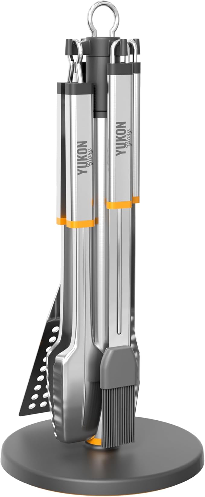 Stainless Steel BBQ Tool Set with Rotating Stand & Drip Pan | Grill Tool Kit Complete with Spatula, Tongs, Fork, Brush | Durable, Easy to Clean Grilling Kit | Essential BBQ Tools