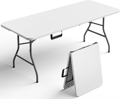 Folding Table 1 Pack, 6FT Folding Table Portable with Built-in Handle, Heavy Duty Plastic Table with Steel Legs Supports to 300lbs, Suitable for Party, Camping, Events Indoor&Outdoor Use, White