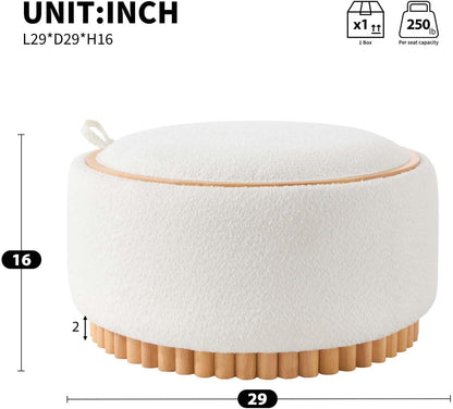 29" Boucle Upholstered Round Storage Ottoman with Solid Wood Legs, Modern Coffee Table Ottoman with Reversible Lid, Large Round Ottoman with Storage for Living Room (Beige, Boucle)