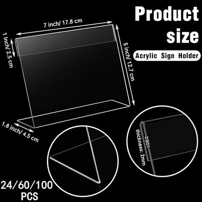 Vicenpal 100 Pcs 7x5 Inch Clear Acrylic Sign Holder Plastic L-shape Vertical Menu Stand, Picture Photo Frames, Table Paper Holder, Flyer Sign Display Stand for Restaurants, Store, Office, Wedding