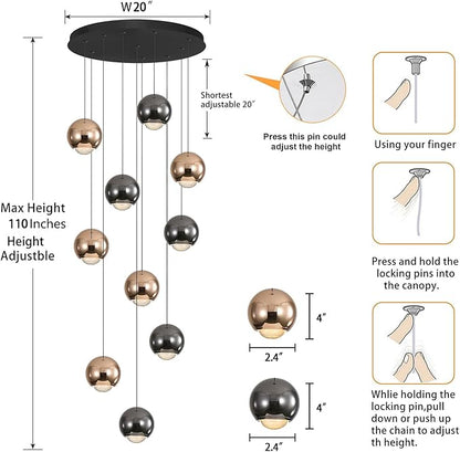 10-Light LED Staircase Chandelier Crystal Ceiling Lights Large Chandeliers for High Ceilings, Entryway Modern Lighting Fixture Villas and Stairs