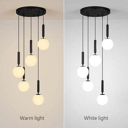 Modern Black Pendant Light Hanging Fixture Light for Kitchen Island Mid Century with Globe Pendant Light Milk White Glass Pendant Lighting for Living Room Bedroom Entryway (5 Lights)