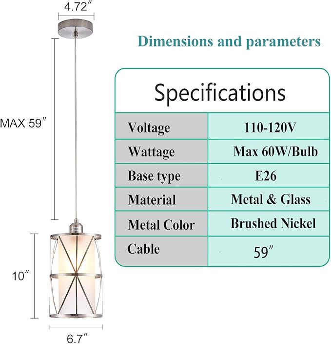 Modern Brushed Nickel Pendant Light with Frosted Glass, Transitional Metal Pendant Lighting Fixture for Kitchen Island Sink Dining Room Bar, Led Bulb Included
