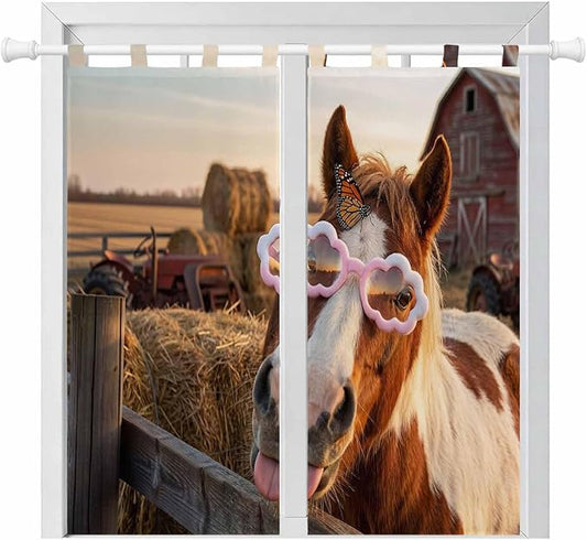 Farm Horses Bathroom Curtains 63 Inch Length, Window Curtains Tab Top, Farmhouse Barn Funny Animals Butterfly Light Filtering Window Treatments Drapes 52"x63" 2 Panel