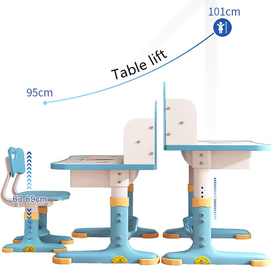 Kids Desk and Chair Set, Adjustable Height Children Study Table and Chair Set with Drawer, Cartoon Pattern Study Table for Toddlers 3-12 Years Blue