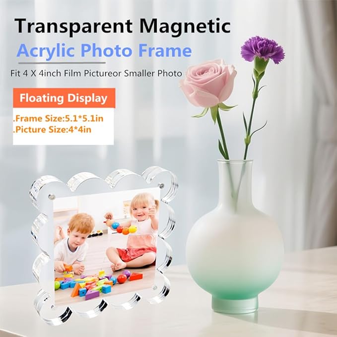3 Pack 4x4 Inch Magnetic Acrylic Picture Frame,10+10mm Thick Block,Double Sided Clear scalloped frames for Desktop Display | Trendy Home Gift ((3 Pack), 4X4)