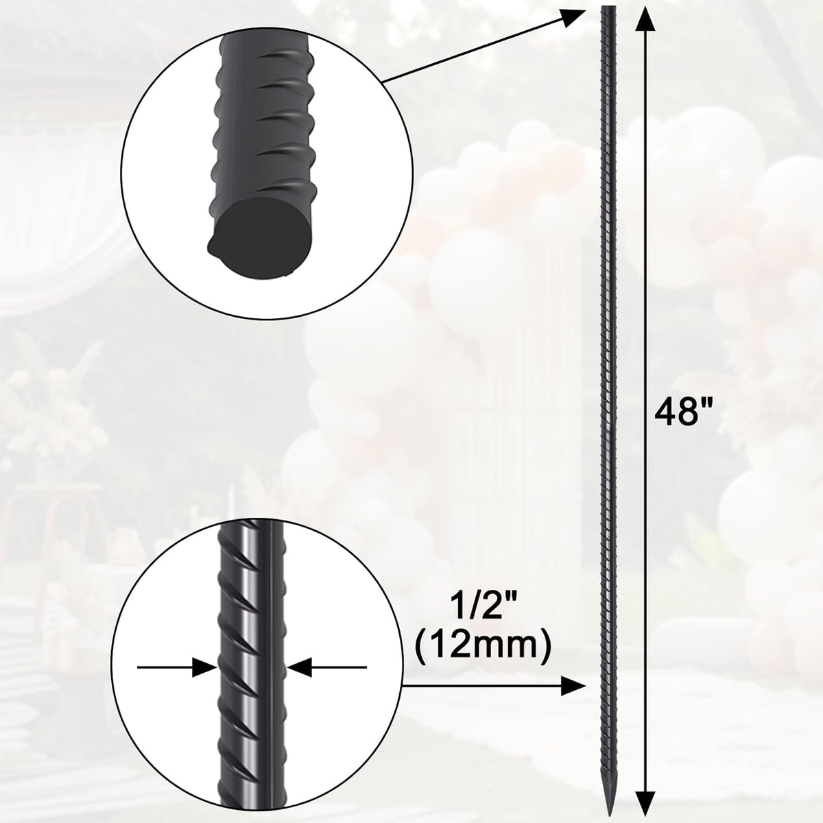 Steel Rebar Stakes 48 lnch 8 Pack Ground Stakes Heavy Duty 1/2 Inch Diameter Landscpe Timber Spikes Straight Metal Stakes with Chisel Point for Garden Camping Plant Support, Black