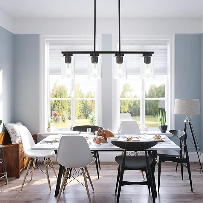 Black Pendant Light Fixtures with Clear Glass Shades, 4-Lights Linar Kitchen Island Light for Farmhouse Dining Room Kitchen Pool Table