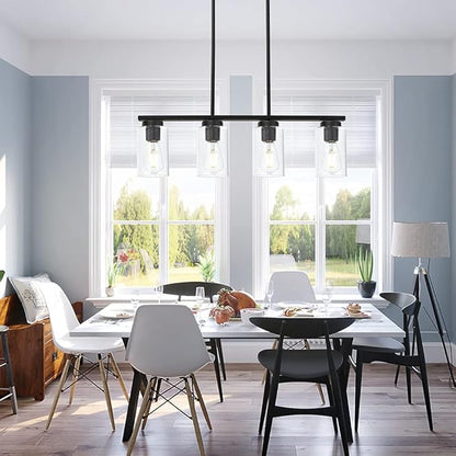 Black Pendant Light Fixtures with Clear Glass Shades, 4-Lights Linar Kitchen Island Light for Farmhouse Dining Room Kitchen Pool Table