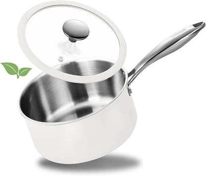 1.5 Quart Tri-ply Stainless Steel Saucepan with Glass Lid, Induction Sauce Pan Compatible with All Cooktops, Non-Toxic Sauce Pot with Stay Cool Handle, Oven & Dishwasher Safe