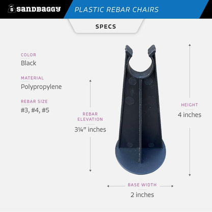 Sandbaggy Rebar Plastic Chair | Fits Rebar #3 to #5 | Heavy Duty Construction - Preferred Choice for Concrete Contractors | Saves Money & Labor Compared w/Dobie Bricks (Pack of 25, 3-1/4 Inch Length)