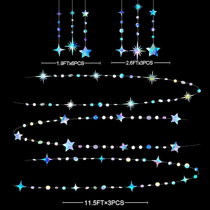 Iridescent Party Decorations Star Circle Dot Paper Garland Banner Bunting Streamer Metallic Hanging Twinkle Star Decoration for Kids Birthday Baby Shower Wedding Festival Engagement Sweet 16 Decor