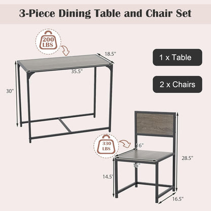 Giantex 3-Piece Dining Table Set for 2, Small Industrial Kitchen Table with 2 Chairs, Metal Frame, Space Saving Dinette Set for Breakfast Nook Dinner Small Space Apartment Living Room, Grey Oak