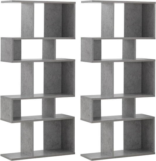 GIANTEX 5-Tier Geometric Bookshelf Set of 2, 70'' Tall Wood Freestanding Decorative Display Open Shelves with Anti-Tipping Device, Each Shelf Holds up to 44 lbs, Wooden S Shaped Bookcase, Gray
