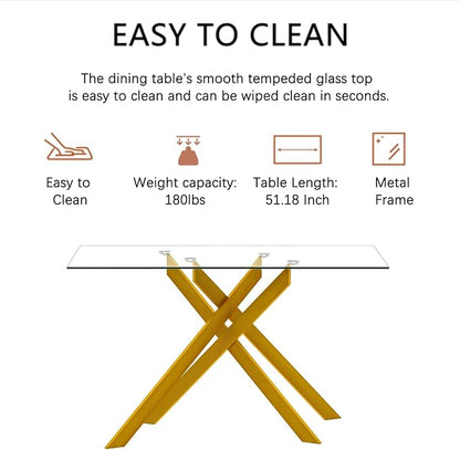 51" Rectangular Glass Dining Table Modern Kitchen Glass Top Table for 4 with Gold Metal Legs, Clear Dining Table Kitchen Table for Home Office Dining Room