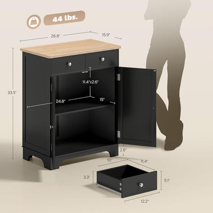 HOMCOM Sideboard Buffet Cabinet with Solid Wood Countertop, Modern Kitchen Storage Cabinet, Coffee Bar Cabinet with 2 Drawers, Doors and Adjustable Shelf, Black