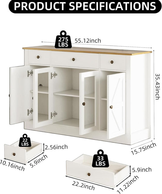 4 EVER WINNER 55" Large Buffet Cabinet with Storage, Coffee Bar Cabinet with 4 Doors and 3 Drawers, Kitchen Cabinet with Plexiglass Doors for Living Room, White