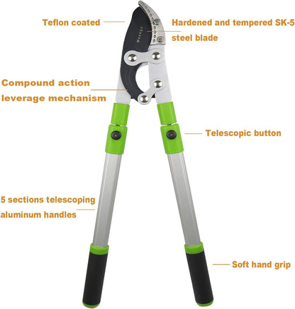 Heavy Duty Anvil & Bypass Lopper with Telescopic Handle (26-41 Inch) - 5-Layer Adjustable Garden Pruner, 2-Inch Branch Cutter for Tree Trimming