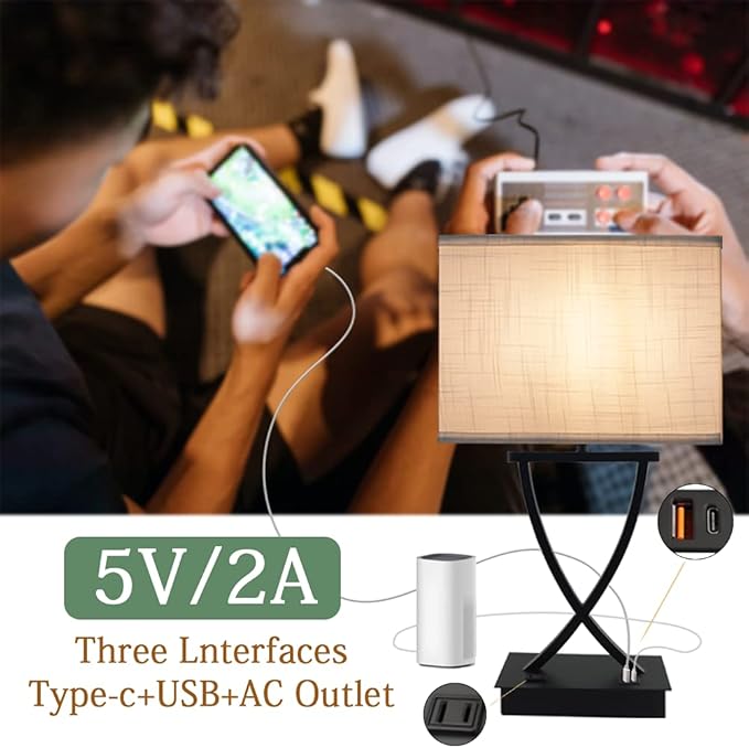 3-Way Dimmable Touch Control Medium Table Lamp with Type C/USB Charging Port and 1 AC Outlet White Shade 21.38" Bedside Nightstand Lamp for Bedroom Living Room Office and Hotel Bulb Included